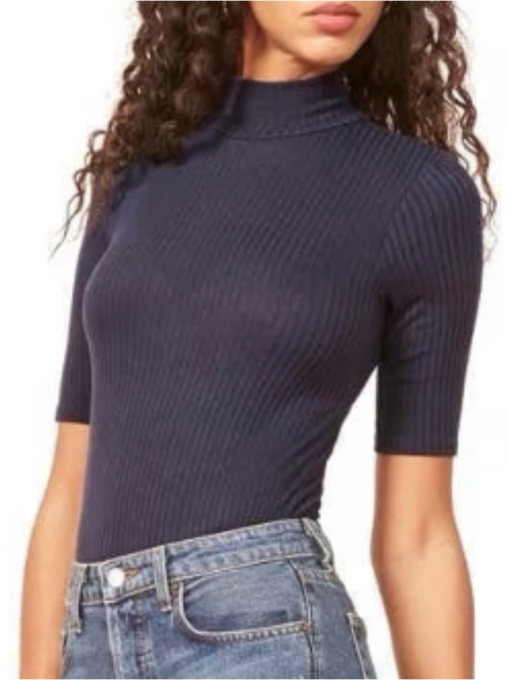 Reformation Navy Ribbed Mock Neck Short Sleeve Top Size XS